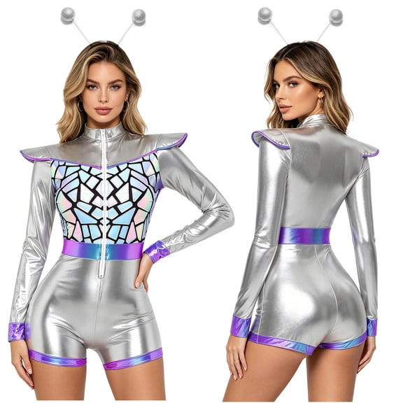 Aislor Women Long Cap Sleeve Leotard Jumpsuit Bodysuit with Headwear for Halloween Party Silver XL