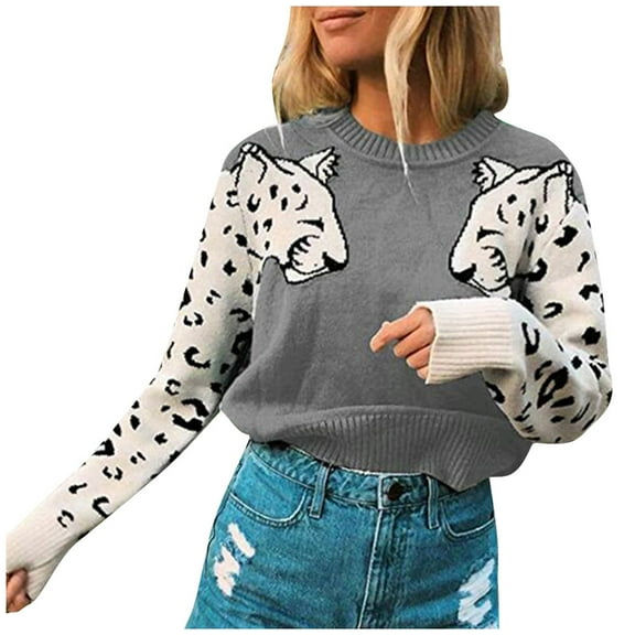 Herrnalise Women's Knitted Crop Tops Fashion Women Print Patchwork Long Sleeve Pullover Loose Sweater Pullover Jumper Sweaters