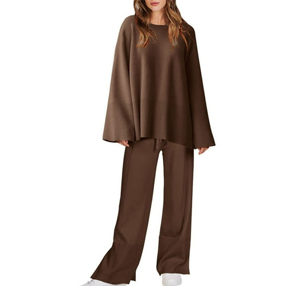 KIJBLAE Pajama Set Womens Long Sleeve Sleepwear Pullover Top and Pants Cozy Loungewear Soft Pjs Lounge Set  Brown L