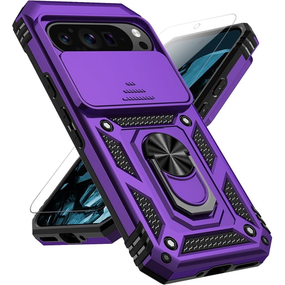 for Google Pixel 9 / Pixel 9 Pro Case with Slide Camera Cover HD Screen Protector [Military Grade Drop Tested] Magnetic Ring Holder Kickstand Protective Phone Case for Google Pixel 9/9 Pro, Purple