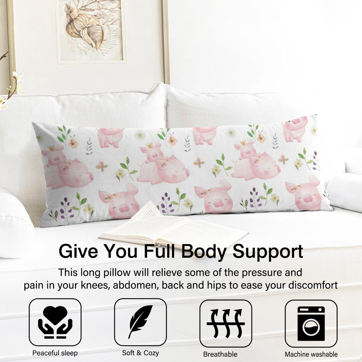 Pink Watercolor Pig Body Pillow Cover 20x54 - Cute Pig Farm Animal Aesthetic Minimalist Design - Full Length Support Pillowcase with Invisible Zipper