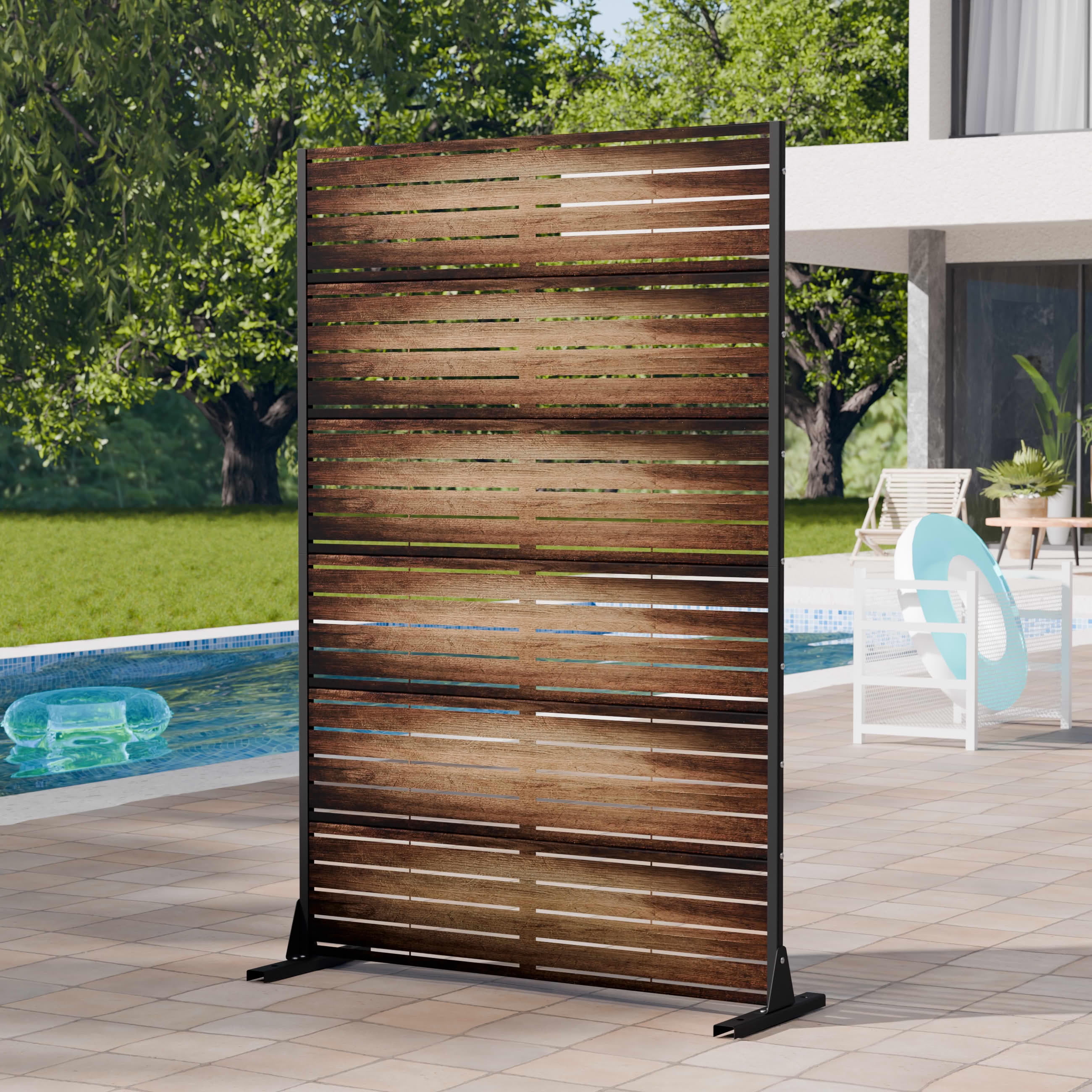 MAYEERTY 2-Piece Outdoor Metal Privacy Screen 6ft × 4ft Dark Brown, 6-Panel Wood Grain Louvered, Weatherproof for Patio