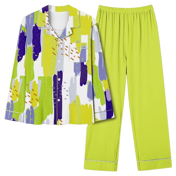 Puntoco Conjunto De Pijamas De Pantalones Y tops Casuales De Manga Larga Con Estampado De Moda Informal Para Mujer (1 top + 1 Pantalón) Conjunto De Solapa De Manga Larga Amarillo M