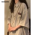 thumbnail image 4 of Blusas holgadas con estampado de rayas y cuello vuelto estilo retro americano para mujer, ropa de calle informal de manga larga, tops holgados de otoño 2023, 4 of 6