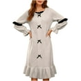 thumbnail image 2 of Women Winter Nightgown Crew Neck Ruffled Hem Color Block Bow Pajamas Fleece Thermal Soft Plush Sleep Robes (XL, Gray), 2 of 8
