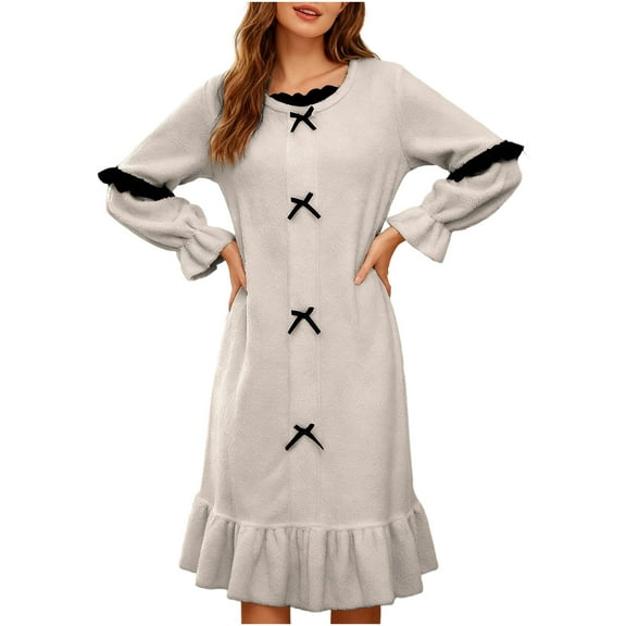 Gytharion Fleece Nightgowns for Women Winter Warm Plush Sleepshirt Cute Solid Bow Pullover Mid-Length Nightdress Soft Cozy Ruffled Long Sleeve Crew Neck Sleepwear