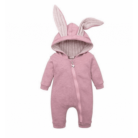 Newborn Baby Girl Outfit Solid Rabbit Ears Long Sleeve Zipper Hooded Jumpsuit Autumn Winter Clothes 1pcs