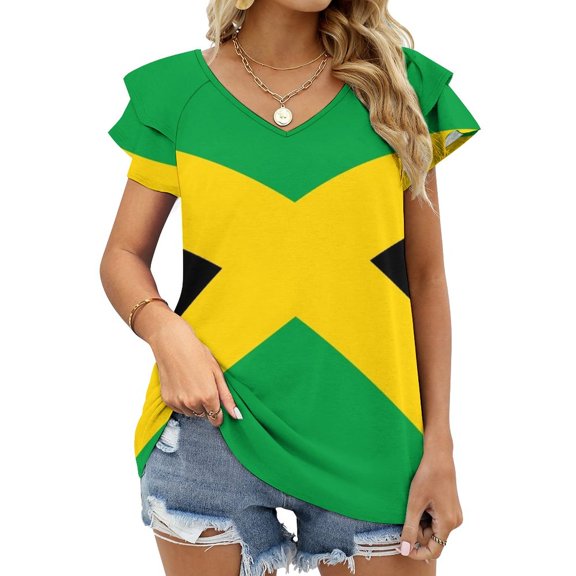 Flag Of Jamaica Lotus Leaf Neck Women'S T-Shirt Cute Elegant Tops Tees Long Sleeve T-Shirts Casual Shirts Jamaica Jamaican