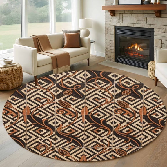 Boho Tribal Round Area Rug 5ft, Abstract Floral Geometric Pattern Art Vintage Washable Non-Slip Circle Rugs for Bedroom Living Room Kitchen, Soft Low Pile Carpet for Dining Room Playroom Nursery