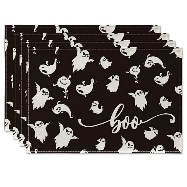 4PCS Halloween Placemats Ghost Skeleton Spooky Pumpkins Halloween Table Place Mats Set Seasonal Kitchen Dinning Halloween Table Decor for Dining Table Pumpkins Halloween Decorations In