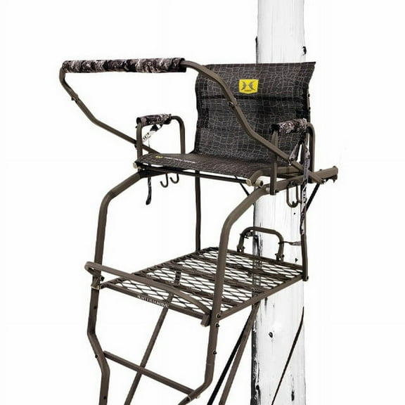 Hawk 20' 1.5-Man Bighorn Ladder Stand | Durable Hunting Archery Steel 1 Person Tree Stand with Chair, Kick-Out Footrest, Flip Back Shooting Rail & Noise Free Ladder