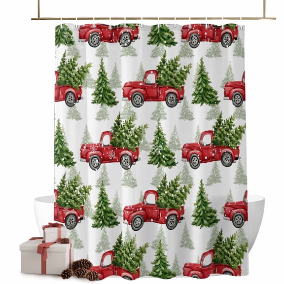 Christmas Trees Bathroom Shower Curtain Xmas Green Pine Tree on Red Truck Winter Snowflake Waterproof Washable Shower Curtains for Bathtub Bath Decor with Grommets and Hook 54 X 78 Inch
