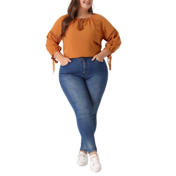 Blusa campesina de primavera y otoño de 3/4 de manga con cuello atado y hueco para el Día de San Valentín de Agnes Orinda en tallas grandes para mujer 3X Naranja