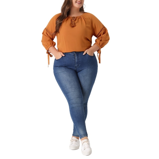 Blusa campesina de primavera y otoño de 3/4 de manga con cuello atado y hueco para el Día de San Valentín de Agnes Orinda en tallas grandes para mujer 3X Naranja