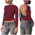 thumbnail image 3 of Fesfesfes Gym Tops Women's Hollowed Out Backless Top Tight Long Sleeve Crop Half High Neck Solid Color Teen Girls Tops L(US:8), 3 of 8