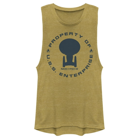 Junior's Star Trek: The Next Generation Property Of The USS Enterprise Festival Muscle Graphic Tee Gold Heather Small
