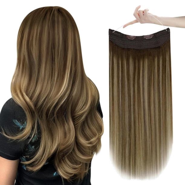 Easyouth Extensiones de cabello de alambre invisible Cabello humano Línea de pesca Extensiones de cabello Extensiones de cabello de alambre invisible Cabello humano Mezcla marrón medio Rubio miel Exte