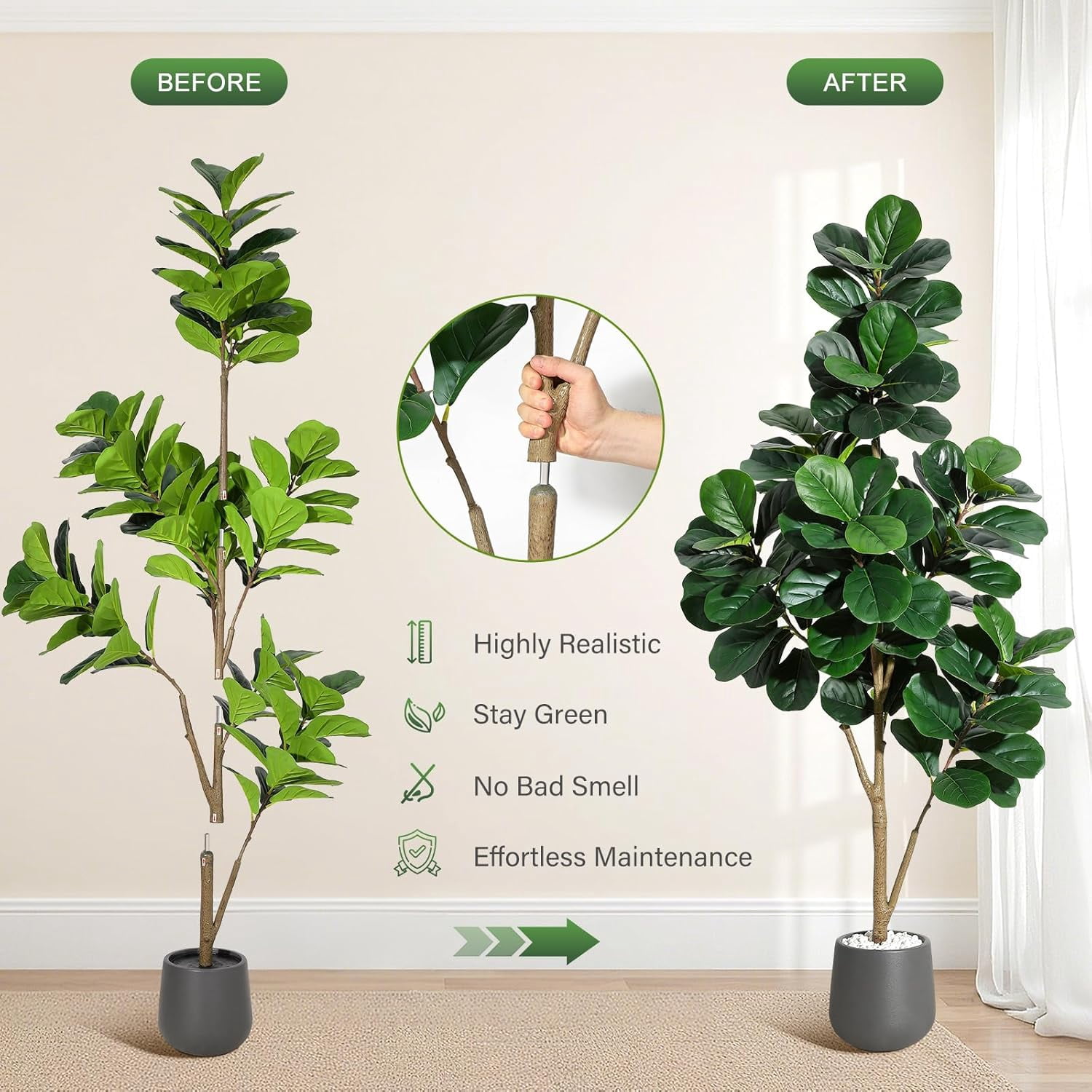 6 ft Fiddle Leaf Fig Tree Artificial with 108 Leaves - Realistic Faux Ficus Lyrata Trees in 9 in Grey Planter Pot, Indoor Fake Floor Plants for Home Office Living Room Decor, Housewarming Gift