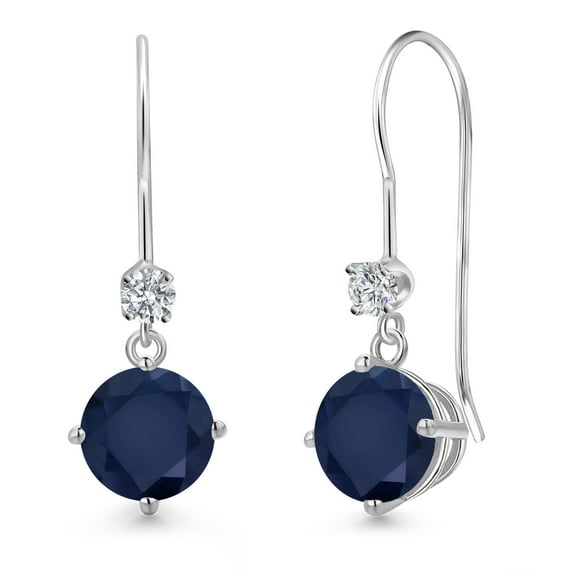 Gem Stone King 14K White Gold Blue Sapphire and Lab Grown Diamond Dangle Earrings for Women | 2.33 Cttw | Round 6MM | Gemstone September Birthstone