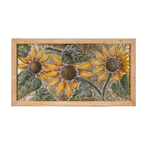 Evergreen Metal Embossed Sunflower Wood Framed Wall Decor