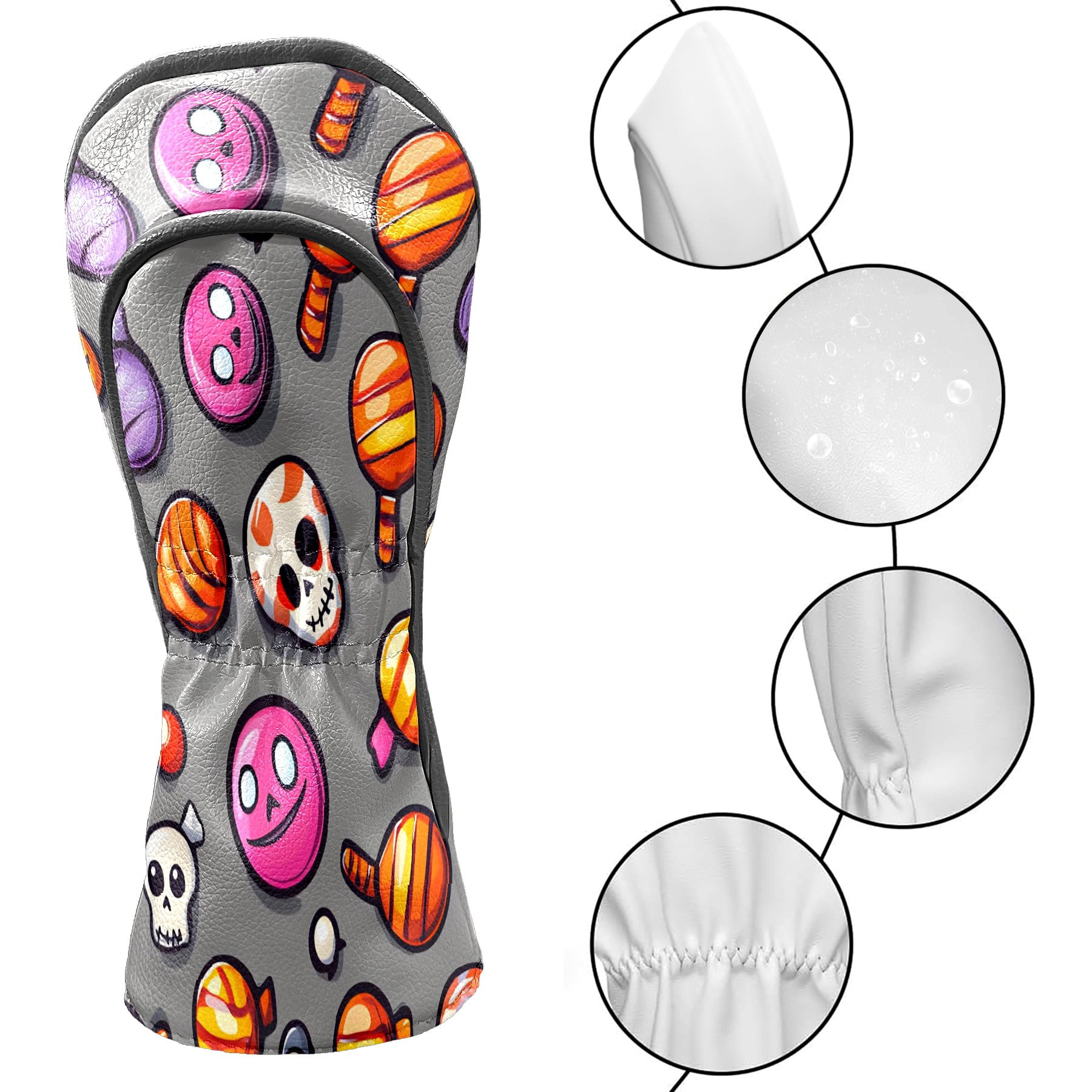 Golf Club Covers, Gray HalloweenCandy Premium PU Leather Driver Hybrid Putter Head Covers with Velvet Lining, Waterproof Golf Gifts for Men Women