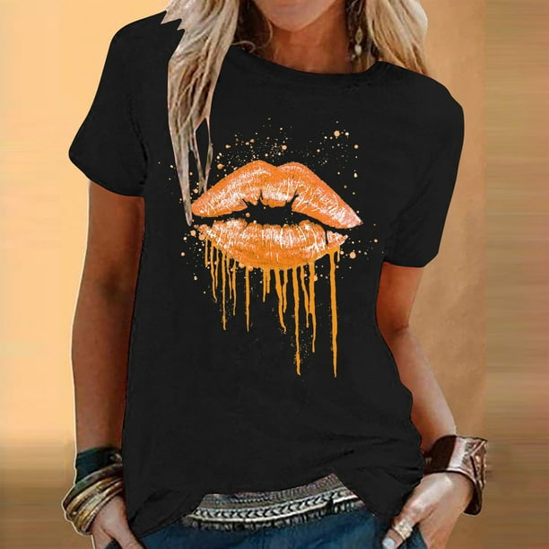 Fiudx Ofertas Del Día Blusa de Manga Corta con Cuello Redondo y Estampado a La Moda para Mujer