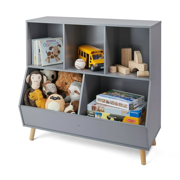 Badger Basket Children's 5-Bin  Wood Toy Storage Organizer and Bookshelf with feet 7.4 Cu ft. - Gray