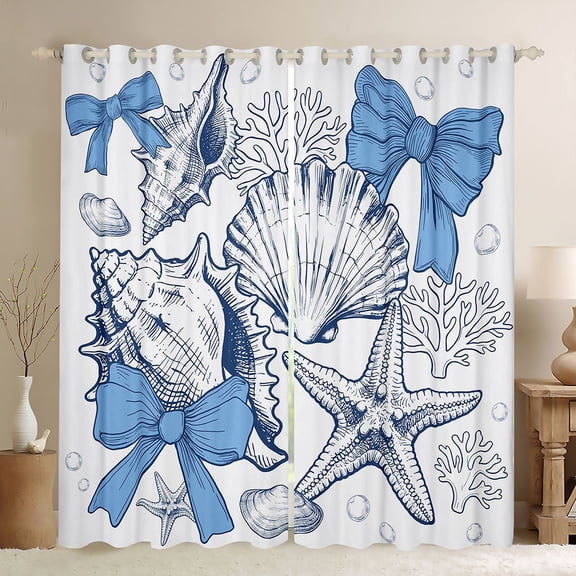 Manfei Sketch Seashell Bow Blackout Curtains,Starfish Coral Ocean Window Curtains Pack of 2 (38x45 Each)