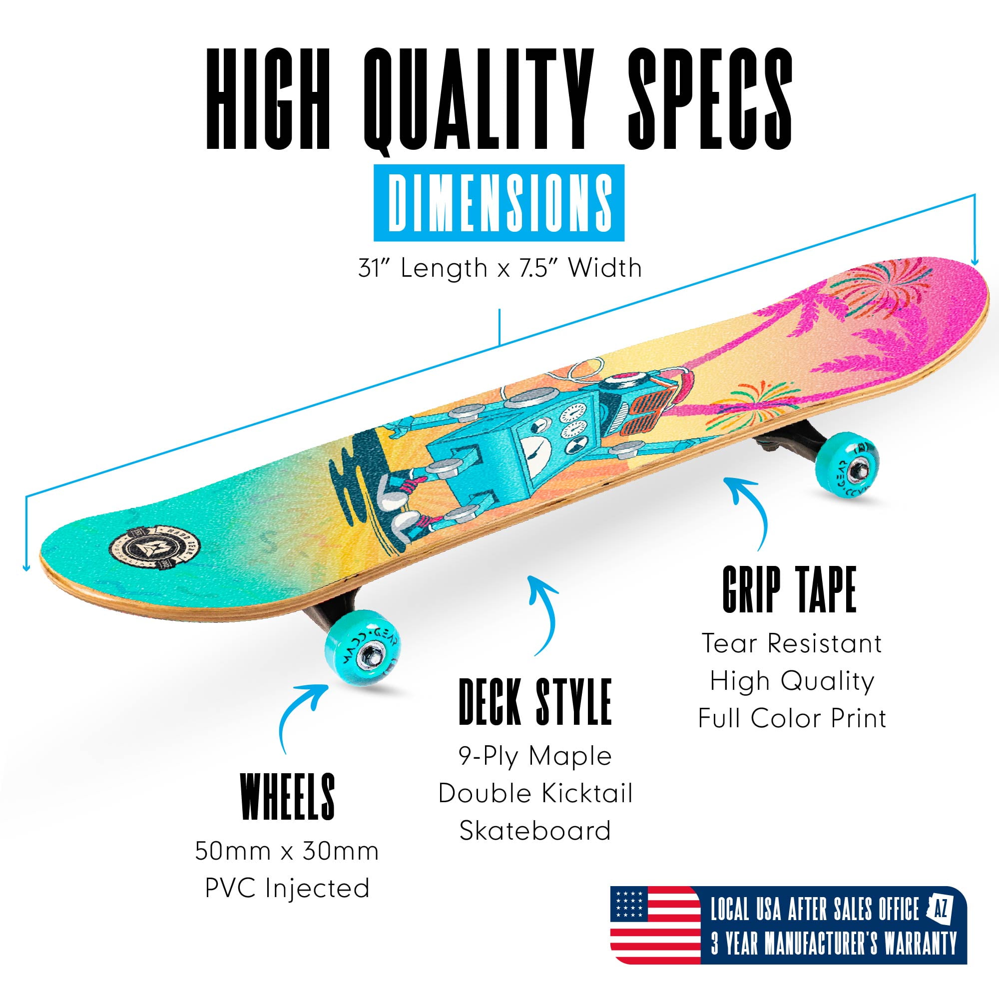 Madd Gear 31 x 7 Inch Double Kicktail Beginner Complete Skateboard with Maple Deck