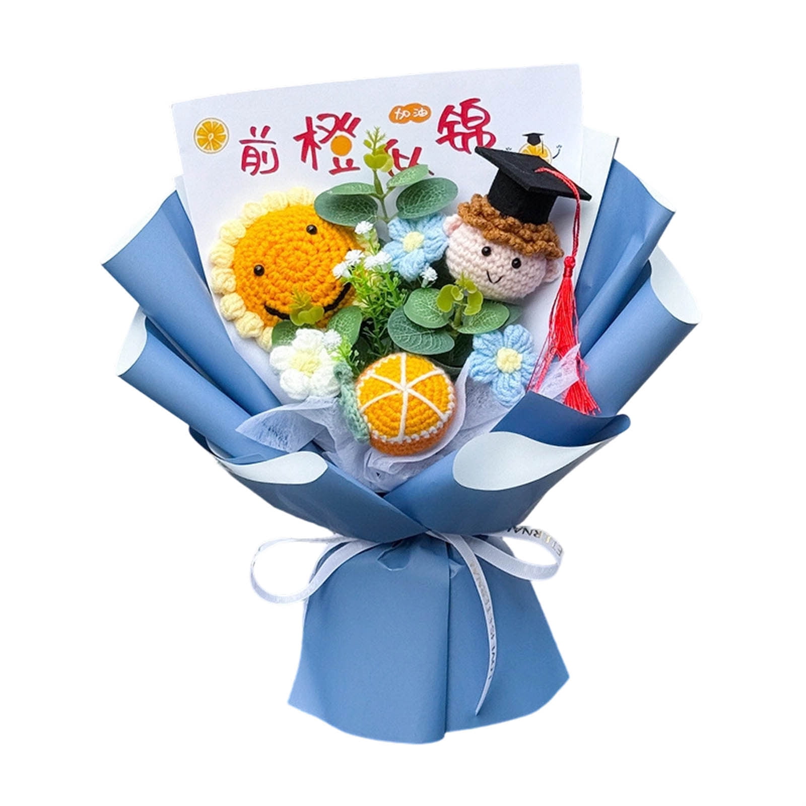 Graduation Gifts Crochet Flowers Bouquet, Handmade Sunflower Rose Bear Graduations Flower Bouquet for Birthday, Teacher Appreciation Gifts, Christmas, Home Decor Blue