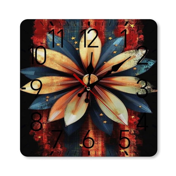 RKSupls 10×10inch Square Silent Wall Clock Wooden Frame, Patriotic Metal Flower Wall Art Scale Decorative Clock for Home Bedroom Living Room Office