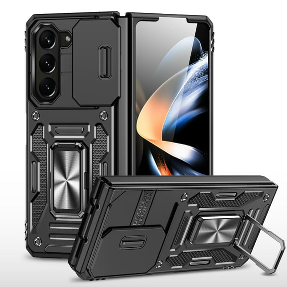 Allytechgroup for Samsung Galaxy Z Fold 6 with Rotating Ring Kickstand [Camera slide Lens Protector Cover] Soft TPU   Hard Back Shell Magnetic Stand Heavy Duty Military Grade Shockproof Case, Black