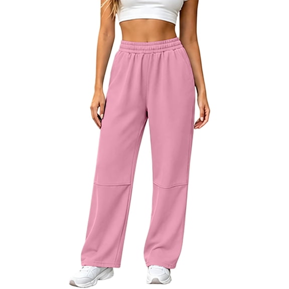 Sahpxhe Womens Workout Sweatpants Straight Wide Leg High Waist Drawstring Casual Loose Trousers with 3 Pockets for Running Gym Pink S