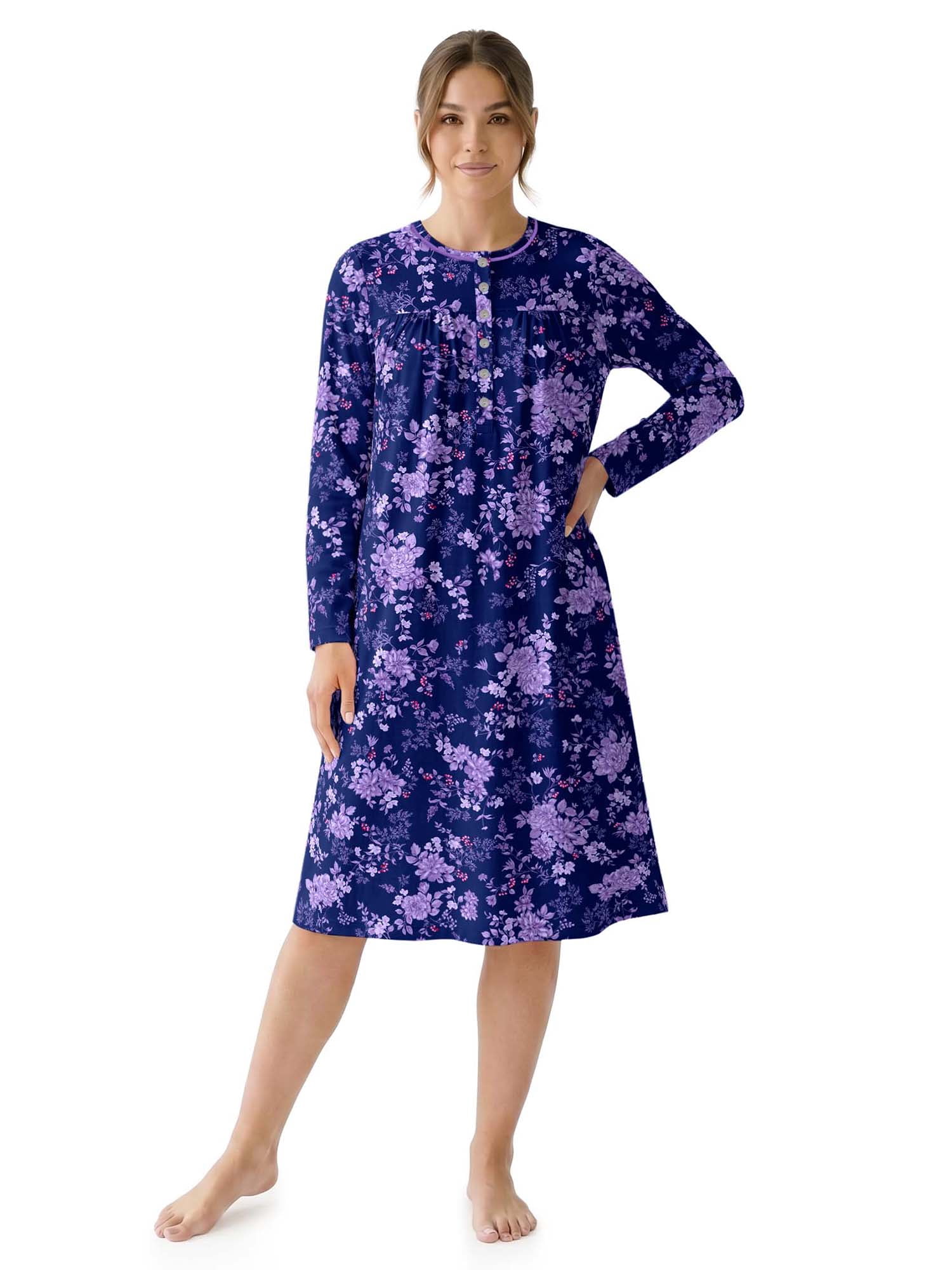 Aria Women’s Long Sleeve Stretch Velour 44" Sleepwear Nightgown, Sizes XS-5X