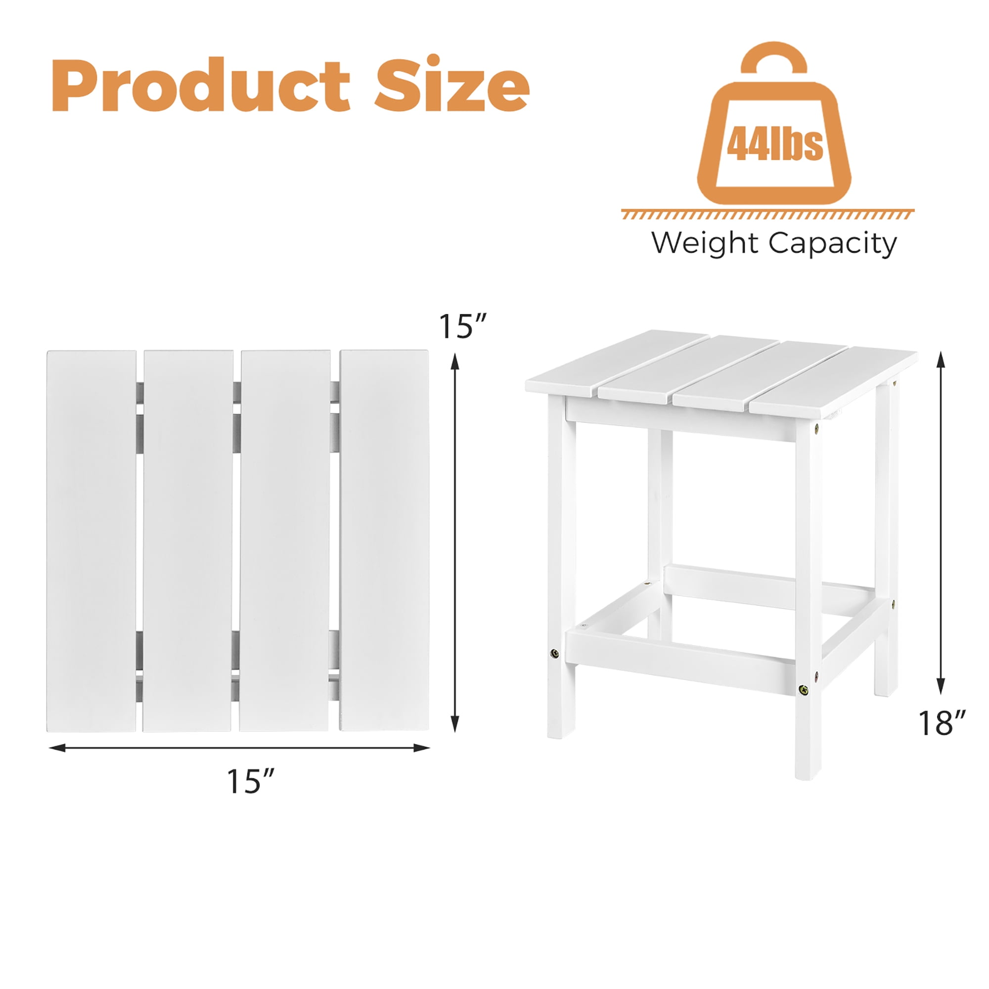 Costway Patio 15" End Side Coffee Table Square Wooden Slat Garden Deck White
