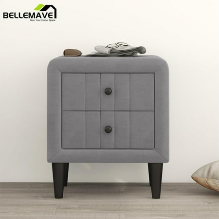 Bellemave Gray Velvet Fabric Upholstered Wooden Nightstand with 2 Drawers for Bedroom  Modern 2-drawer Storage Nightstand with Velvet Upholstery  Easy to Assemble