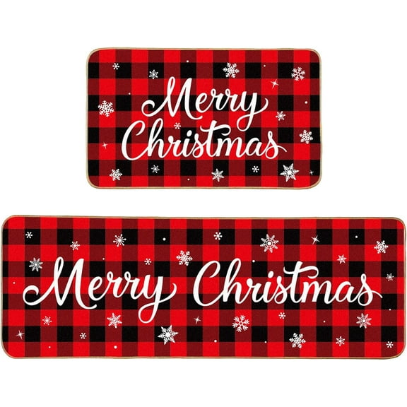 Christmas Kitchen Rugs Set of 2 Xmas Kitchen Mats Merry Christmas Mats Red Black Buffalo Plaid Doormat Christmas Non Slip Backing Floor Mat Xmas Door Mat for Home Kitchen Door Bathroom (Snowflakes)