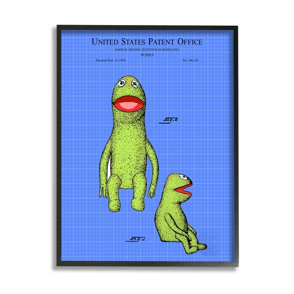 Stupell Industries Frog Puppet Character Blueprint Graphic Art Black Framed Art Print Wall Art, Design by Karl Hronek