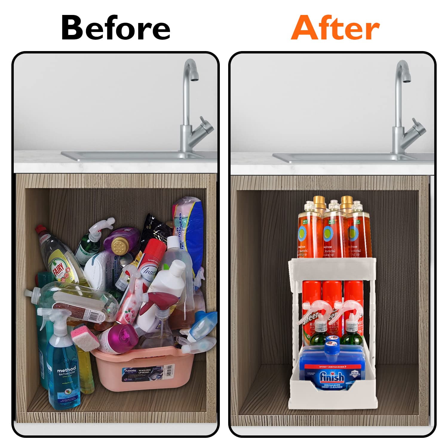 Cutting Ej Under Sink Organizer and Storage - 2 Tier Adjustable Height Kitchen, Bathroom, Pantry Storage & Organization Shelves - Pull Out Under Cabinet Organizer for Kitchen Cleaning Supplies, White
