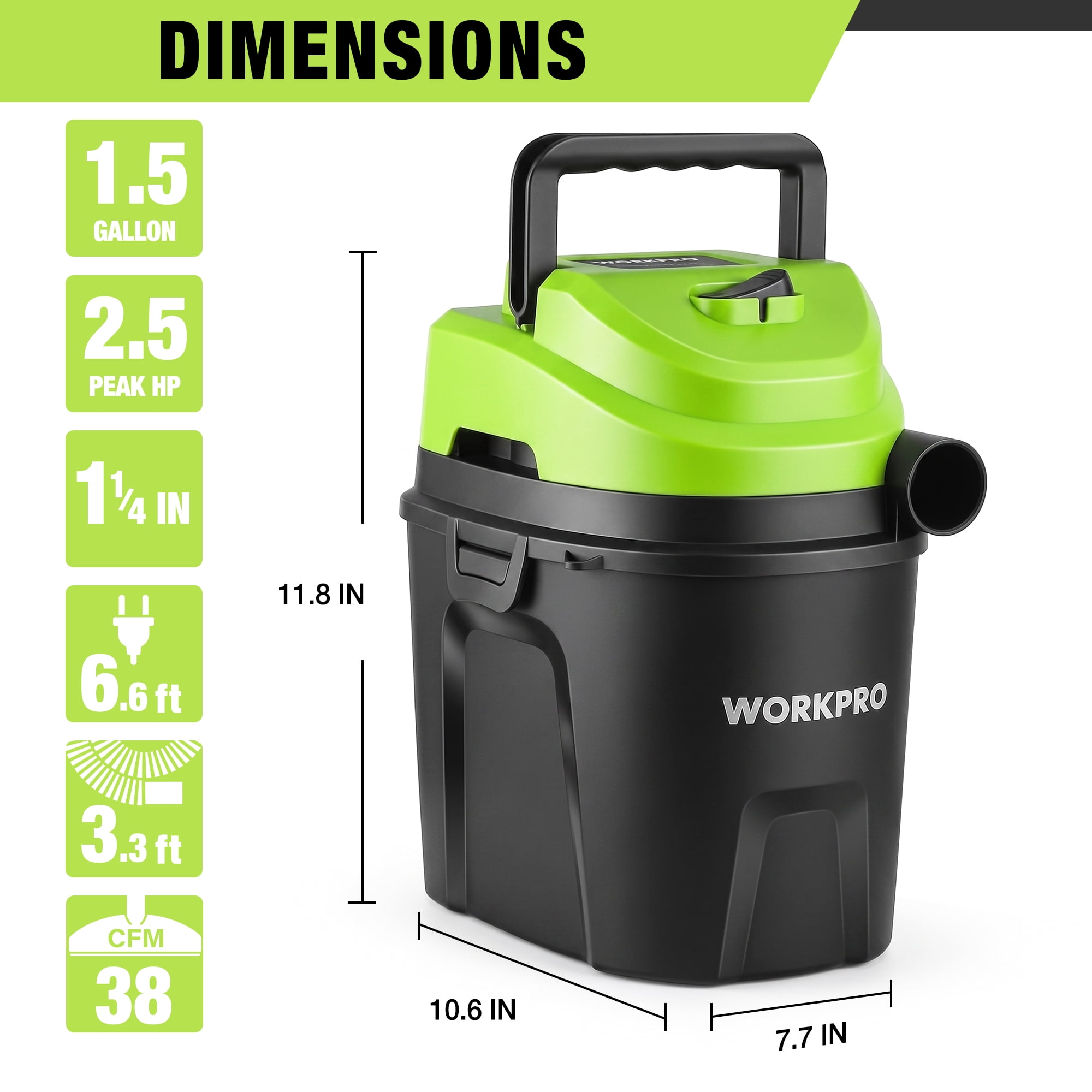 WORKPRO Wet Dry Vacuum 1.5 Gallon 2.5 Peak Horsepower 3-in-1 Portable Shop Vacuum Cleaner Black W125442AW