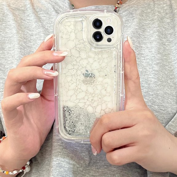 Compatible with iPhone 14 Pro Max Laser Quicksand Case Holographic Rainbow Bling Glitter Shiny Sequin Flow Transparent Soft Round Cute Unique Shockproof Protection Cover for Women Girls Bubble