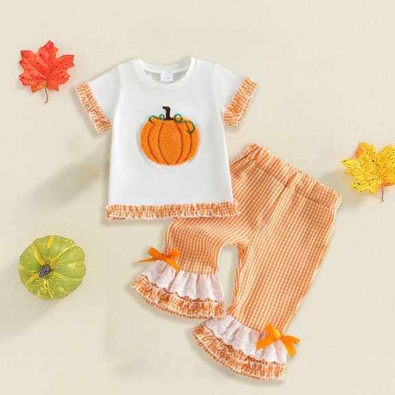 YWIYIUD Baby Girl Halloween Outfit Fall Winter Halloween Cartoon Embroidered Plaid Ruffle Short Sleeve Tops and Elastic Waist Wide Leg Pants Sets Toddler Girl Clothes Outfits for Boys 12-18 Months