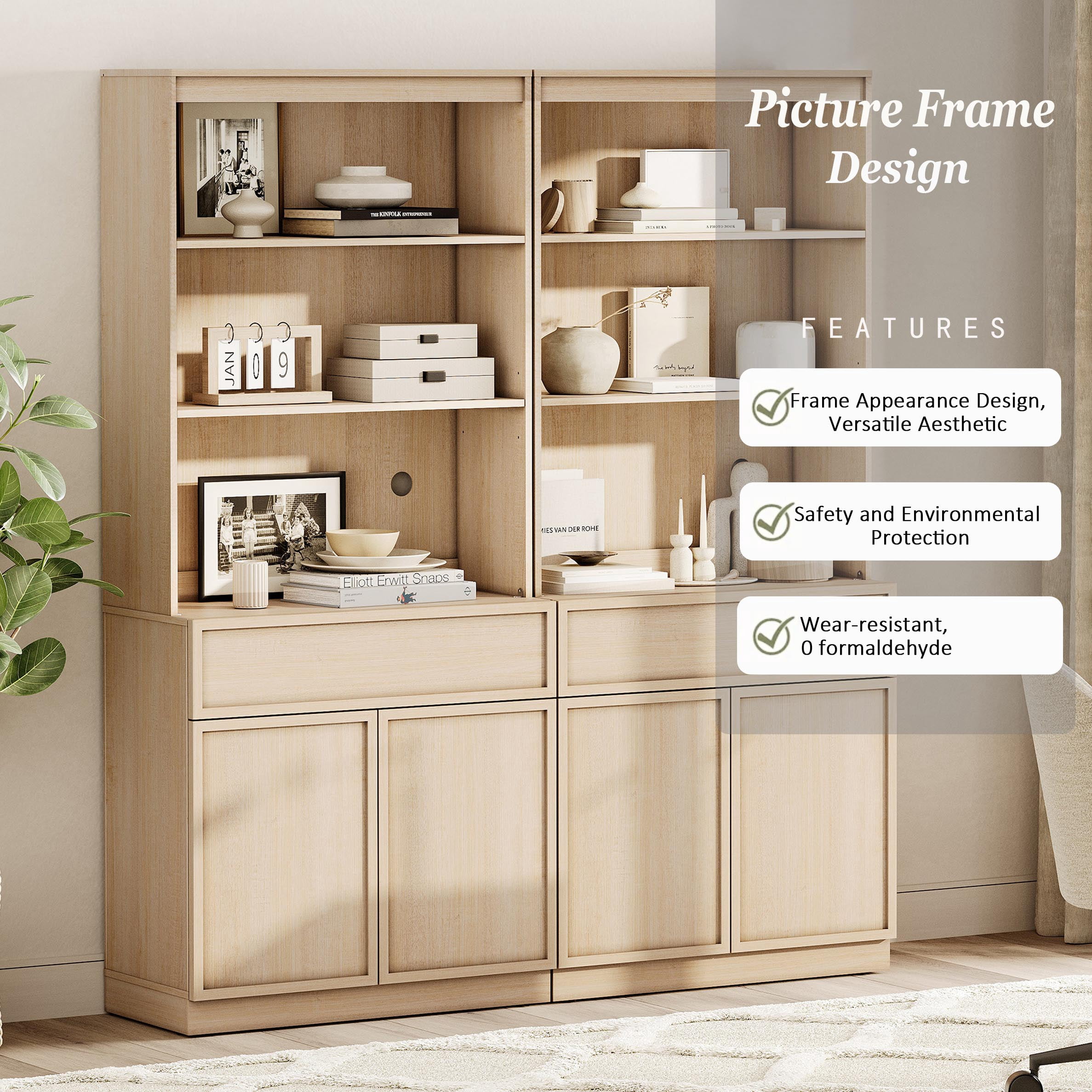 Modern 72" Tall Bookcase with Doors, Drawers & Adjustable Shelves, Wood Bookcase with Storage Cabinet and Open Shelving,Beige