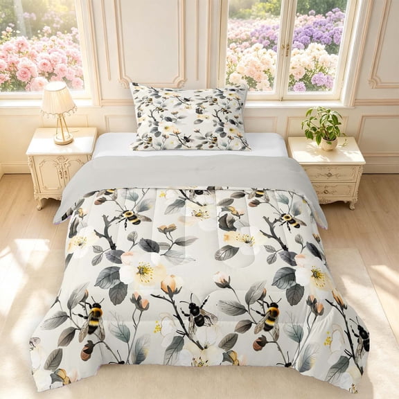 Erosebridal Lovely Bee Twin Comforter Sets,Kawaii Flower Bedding Set,White Gray,Light Gray Reversible,2-Piece,1 Comforter and 1 Pillowcase