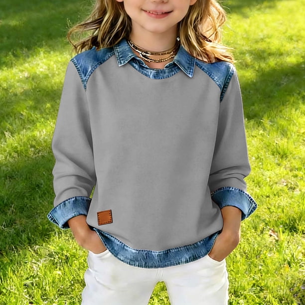 Sudadera con capucha de manga larga para niñas de 5 a 14 años, color liso, con solapa y parches de mezclilla