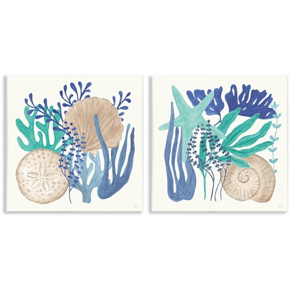 Stupell Industries Coastal Coral & Seashells Nautical & Beach Painting Unframed Art Print Wall Art, 12 x 12, Set of 2