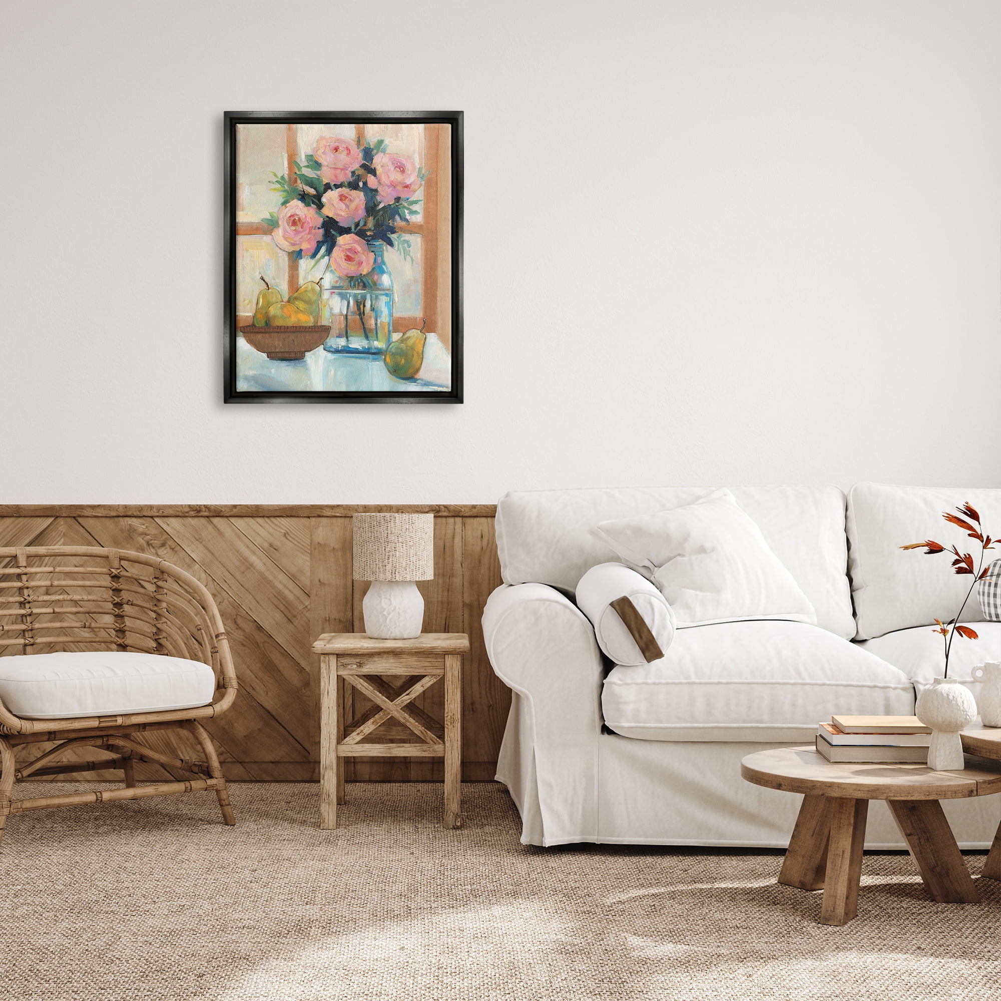 Stupell Industries Fresh Pink Roses & Fruit Kitchen Window Scene Painting Jet Black Floating Framed Canvas Print Wall Art, Design by Tim OToole