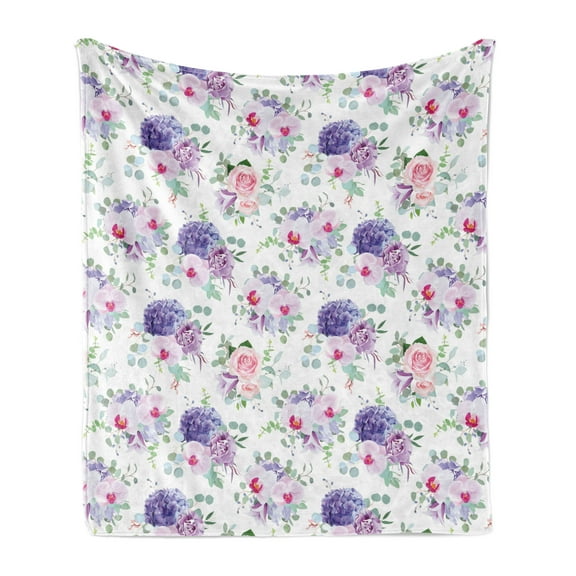 Floral Soft Flannel Fleece Throw Blanket, Botanical Theme Roses Orchids and Carnations Motif Spring Flowers, Cozy Plush for Indoor and Outdoor Use, 60" x 80", Blue Violet Pale Pink, by Ambesonne