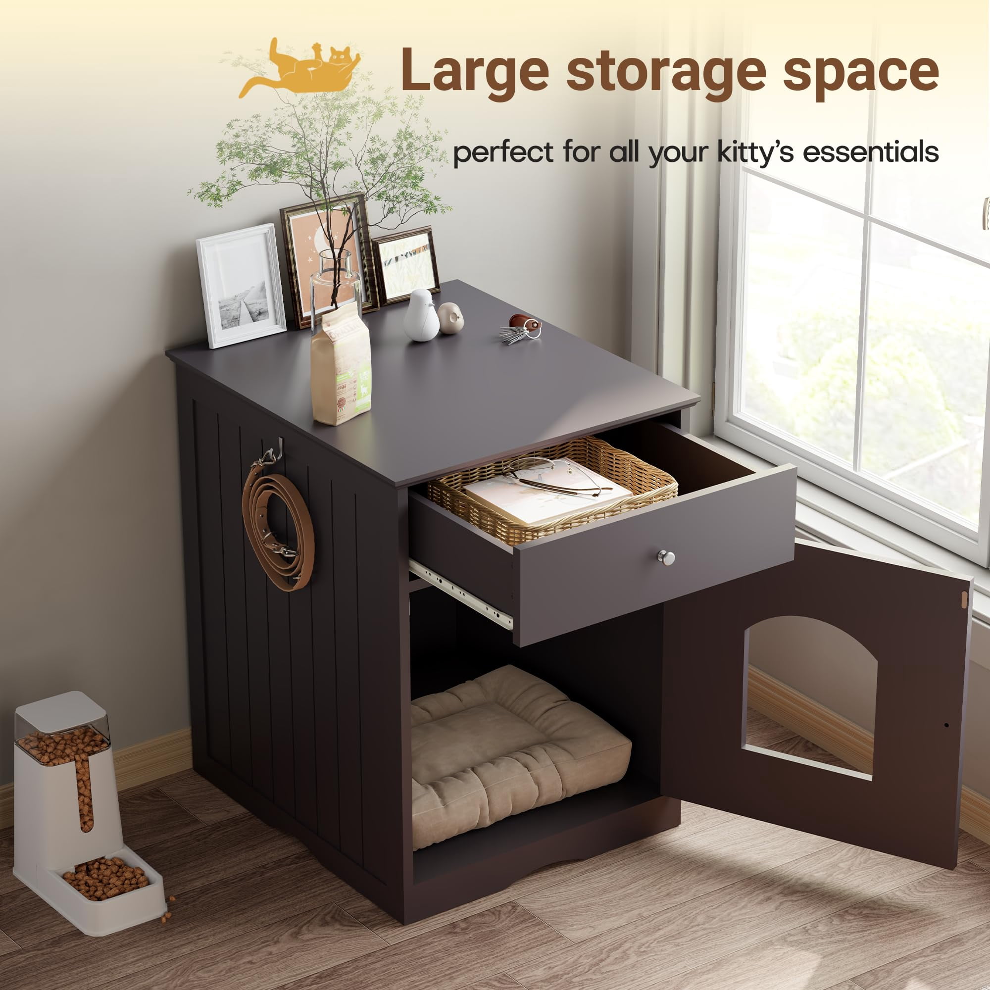 HOYOA 20" Cat House Covered for Indoor, Hidden Crate Litter Box Enclosure, Hooded Cats Furniture Cabinet Kitty Washroom, Brown