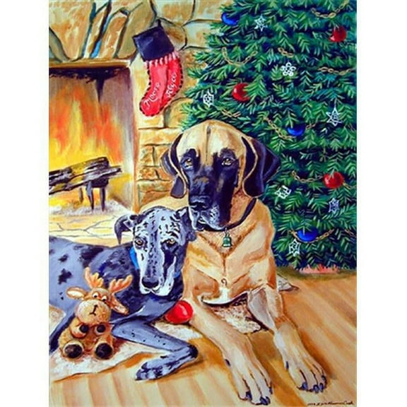 Harlequin and Blue Great Danes Under the Christmas Tree Flag - Garden Size, 11 x 15 in.